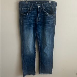 Mens BKE Jake Straight Denim Blue Jeans 33x32 Whiskered Thick Stitch